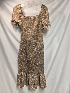 PRETTYGARDEN Brown Cream Floral Smocked Puff Sleeve Mermaid Dress Size Medium